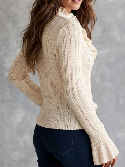 Cardigan boho crema in maglia traforata con colletto a volant – dettaglio 4