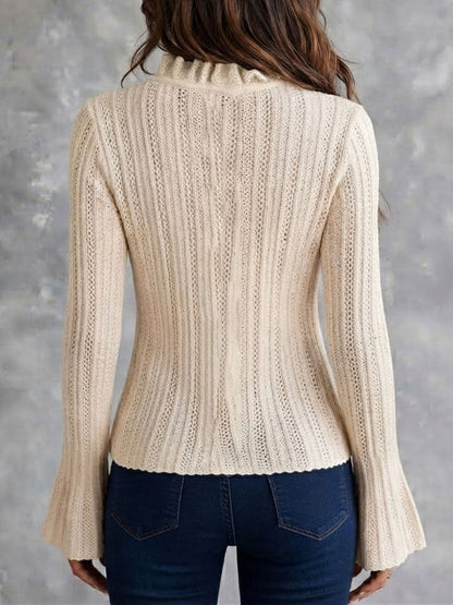Cardigan boho crema in maglia traforata con colletto a volant – dettaglio 5