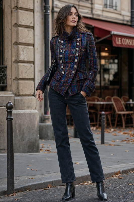 Cappotto in tweed blu royal doppiopetto – look indossato