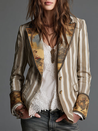 Blazer boho a righe kaki – vista frontale