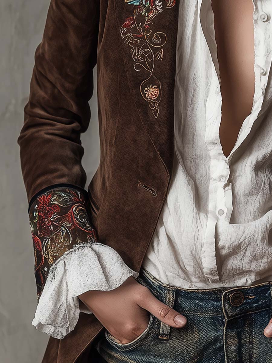 Blazer in camoscio marrone con ricami – dettaglio 4