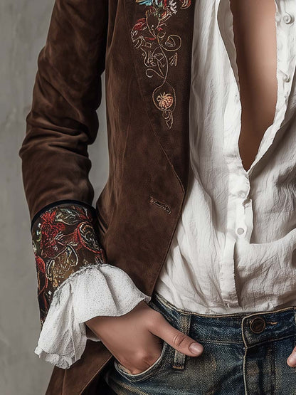 Blazer in camoscio marrone con ricami – dettaglio 4