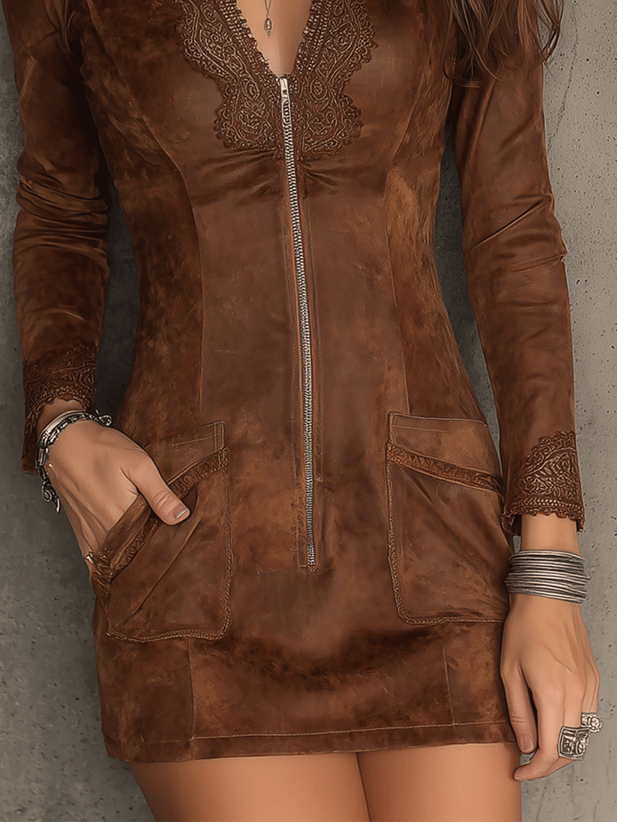 Vestito mini in camoscio caramello – dettaglio 4