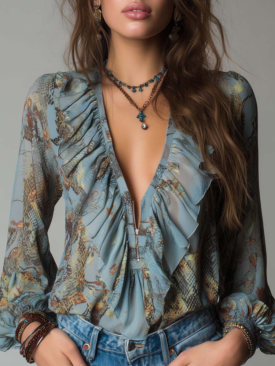 Blusa in chiffon azzurro nebbia – vista frontale