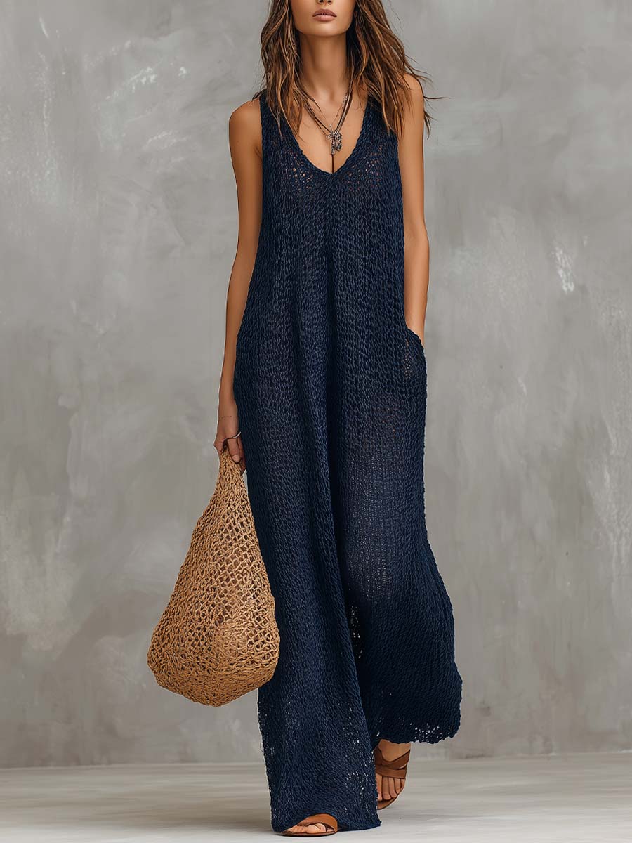 Tuta boho in maglia blu navy – vista frontale