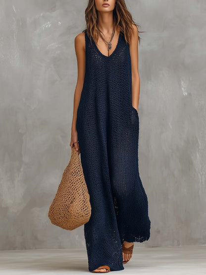 Tuta boho in maglia blu navy – vista frontale