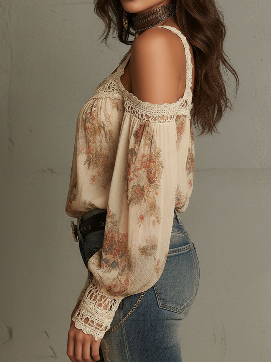 Blusa crema in pizzo floreale con spalle scoperte – dettaglio 6