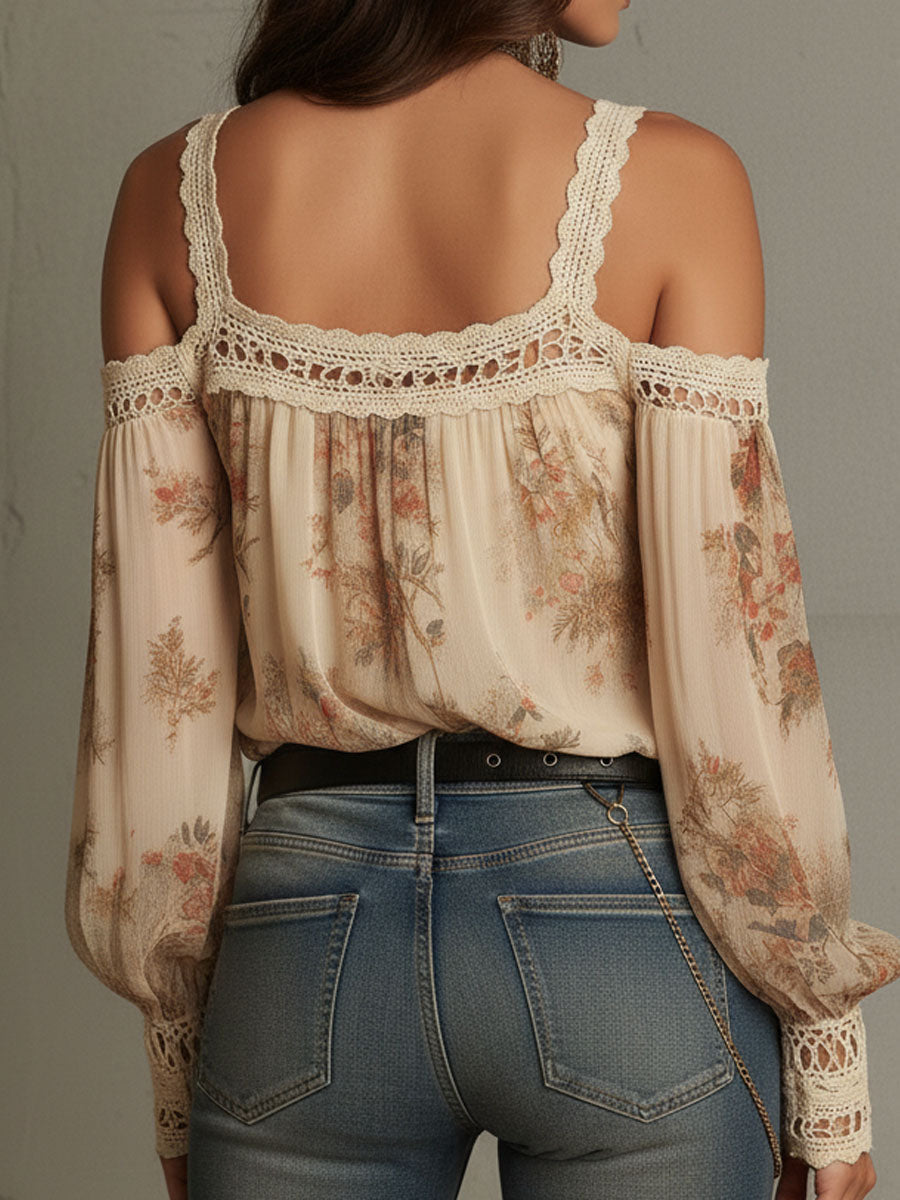 Blusa crema in pizzo floreale con spalle scoperte – dettaglio 7