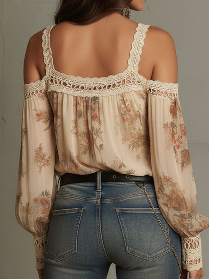 Blusa crema in pizzo floreale con spalle scoperte – dettaglio 7