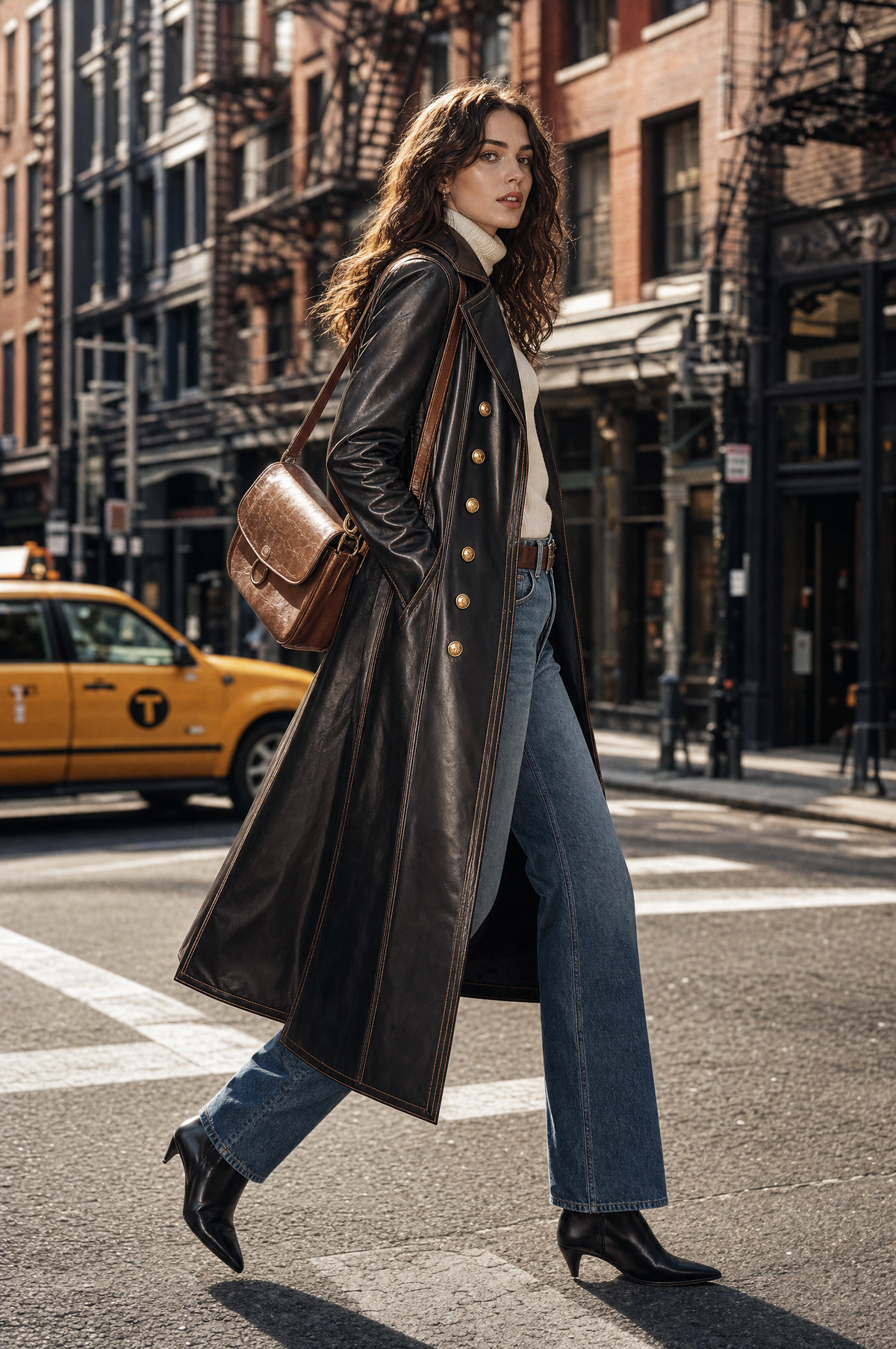 Cappotto doppiopetto nero in ecopelle – look indossato
