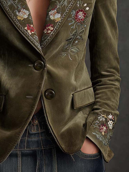 Blazer in velluto verde oliva ricamato – dettaglio 6