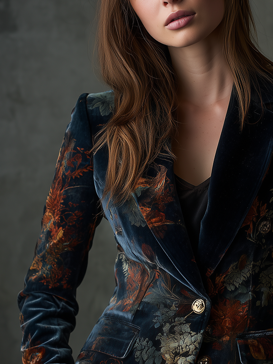 Blazer in velluto blu con stampa floreale – dettaglio 2