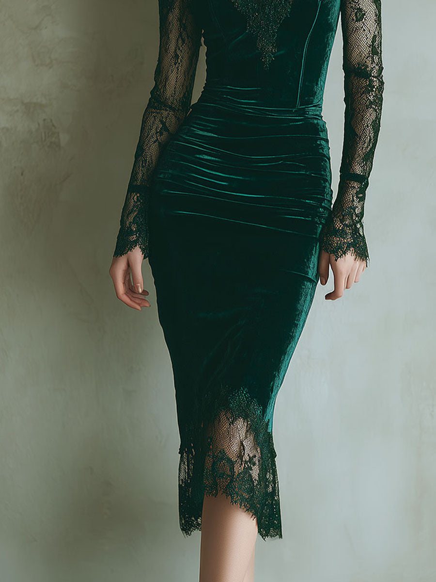 Vestito midi verde in velluto – dettaglio del tessuto