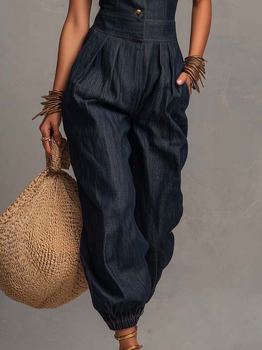 Jumpsuit retrò senza maniche in denim blu scuro – dettaglio 6
