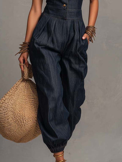 Jumpsuit retrò senza maniche in denim blu scuro – dettaglio 6