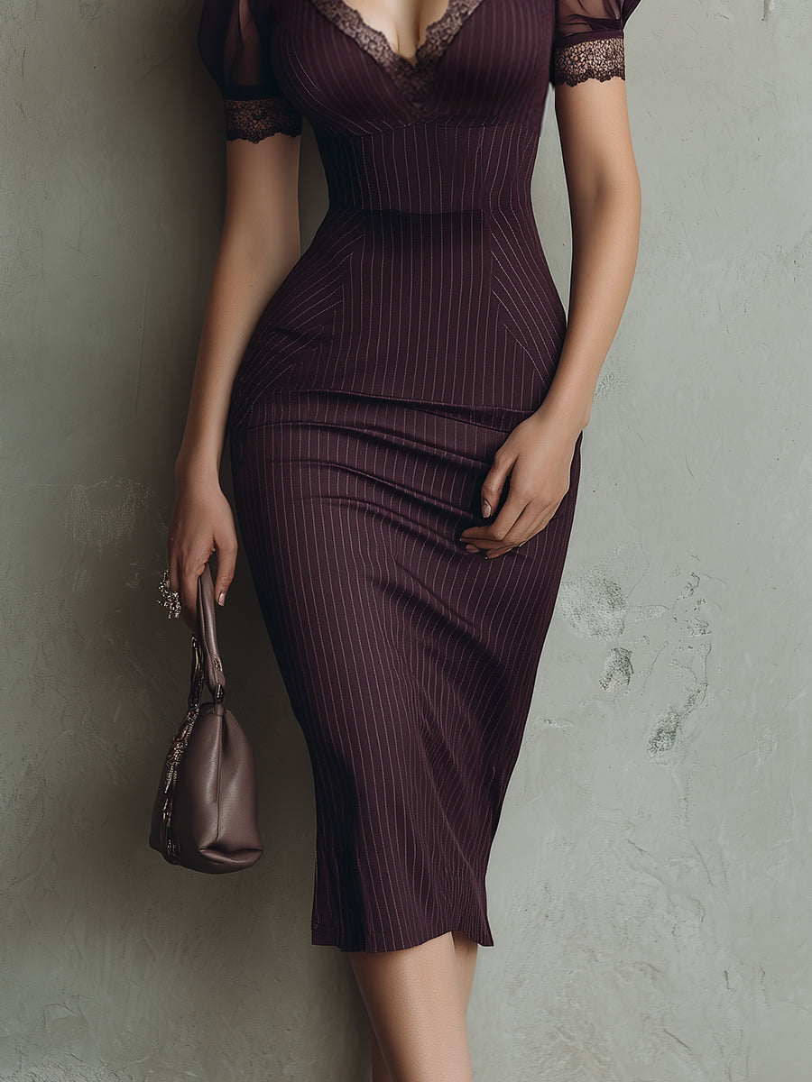 Vestito midi viola a righe con pizzo – vista laterale