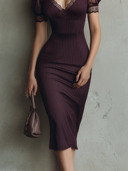 Vestito midi viola a righe con pizzo – vista laterale
