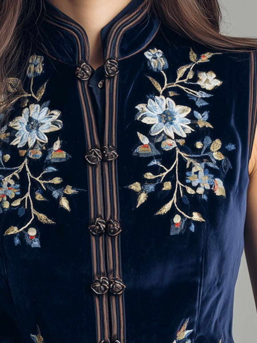 Gilet boho in velluto blu navy ricamato – dettaglio 5