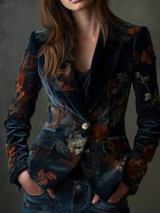 Blazer in velluto blu con stampa floreale – vista frontale