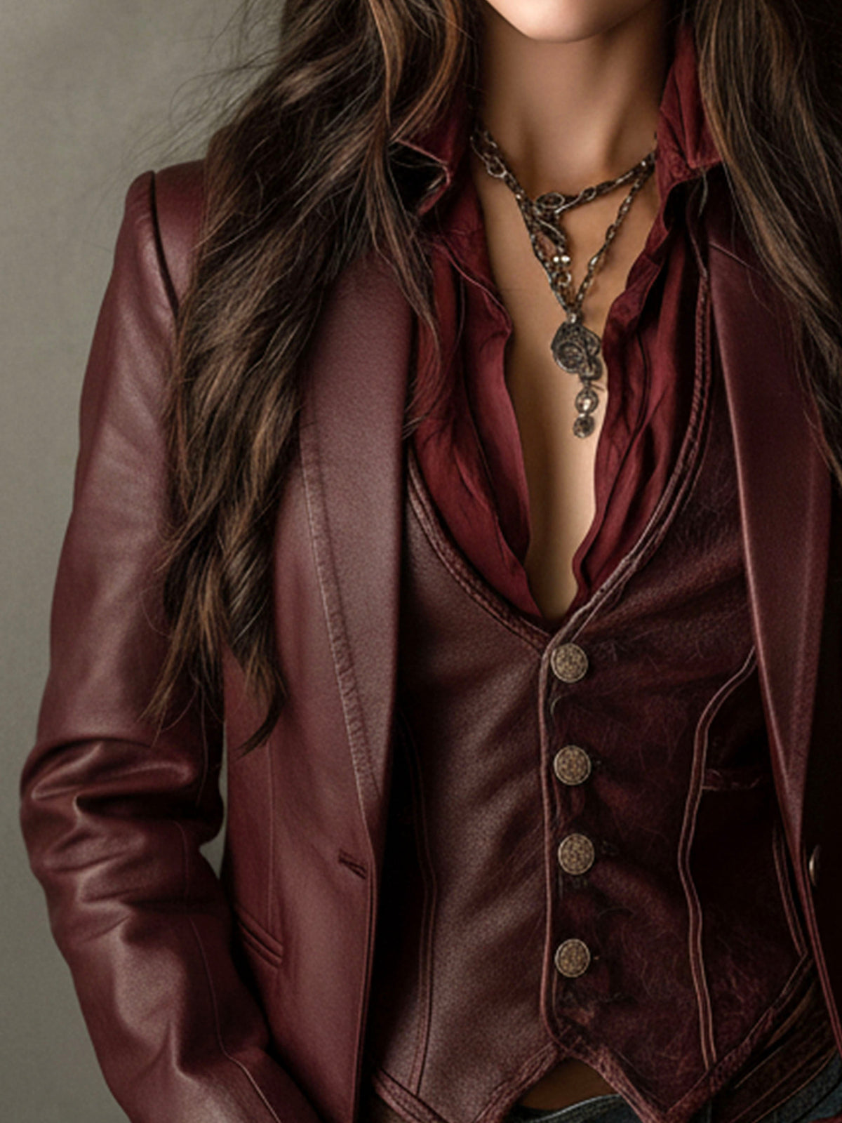 Blazer vintage bordeaux in ecopelle – dettaglio 7