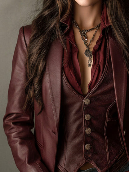 Blazer vintage bordeaux in ecopelle – dettaglio 7
