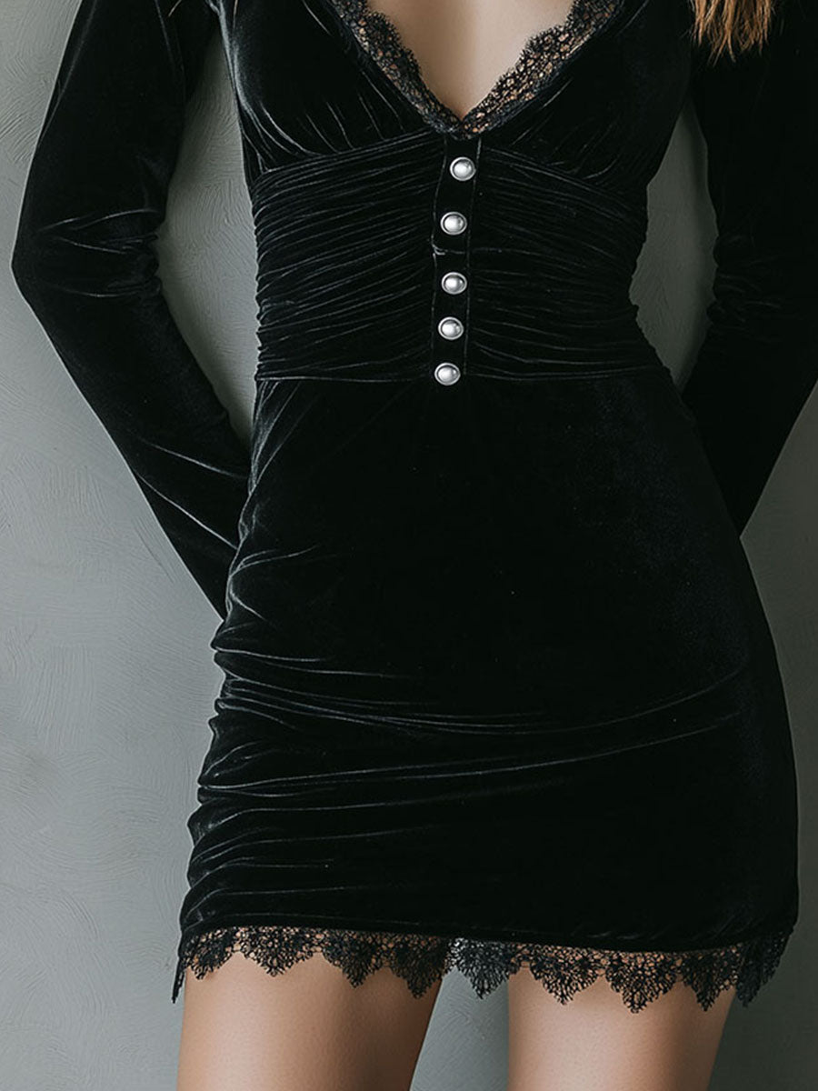 Vestito mini in velluto nero plissettato – dettaglio 7