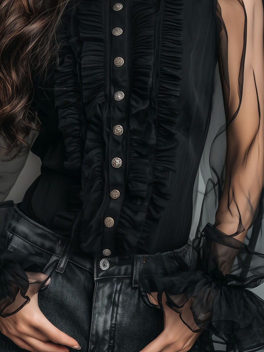 Blusa vintage in organza nera con volant – dettaglio 8