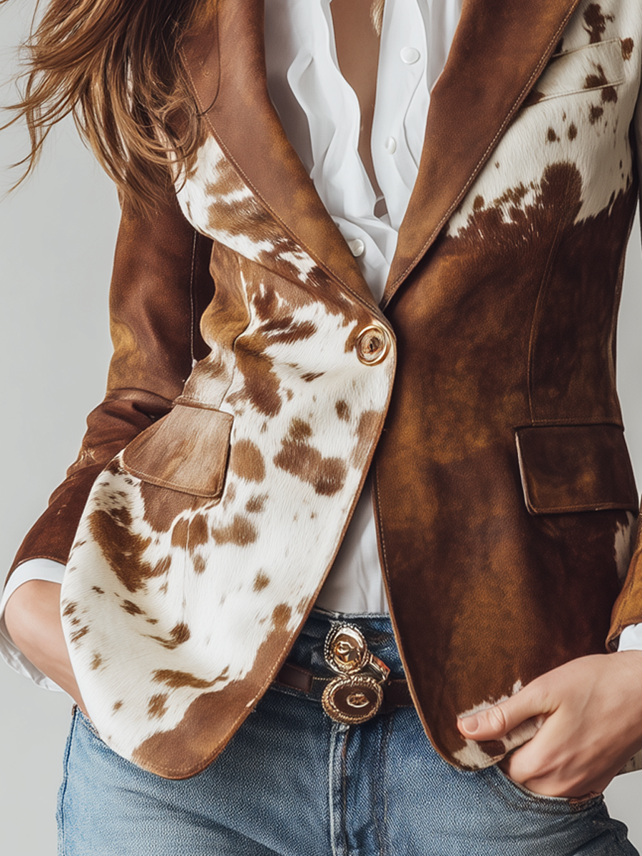 Blazer in camoscio marrone stampa mucca – vista posteriore