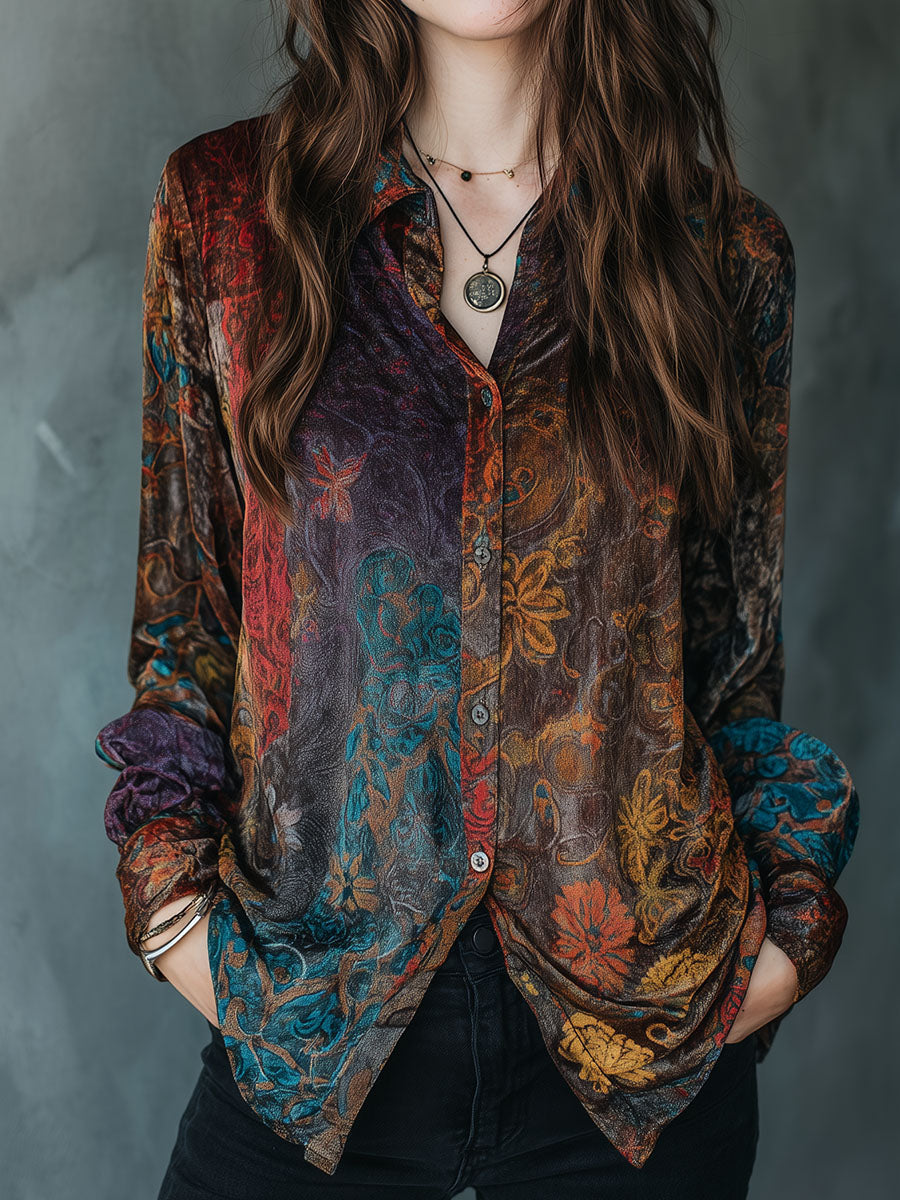 Camicia in velluto floreale marrone – vista frontale