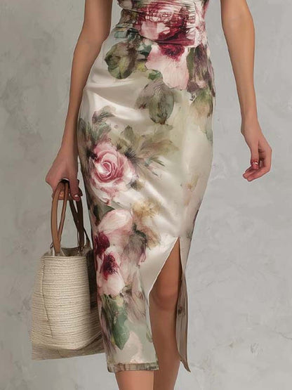 Vestito midi in raso avorio floreale – dettaglio del tessuto
