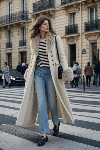 Cappotto beige doppiopetto quiet luxury – look indossato