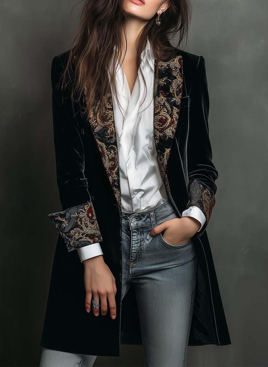 Blazer in velluto nero barocco – vista frontale
