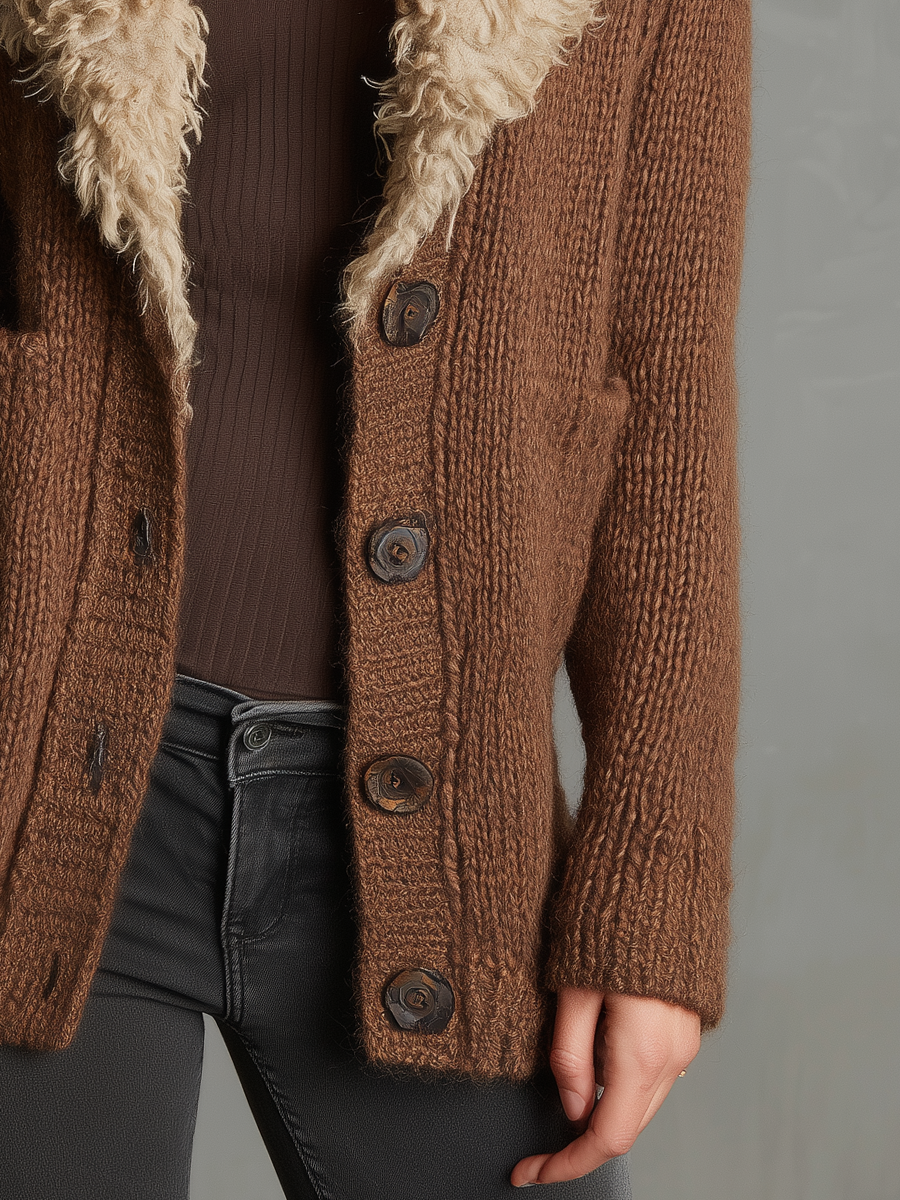 Cardigan marrone – dettaglio del collo in ecopelliccia