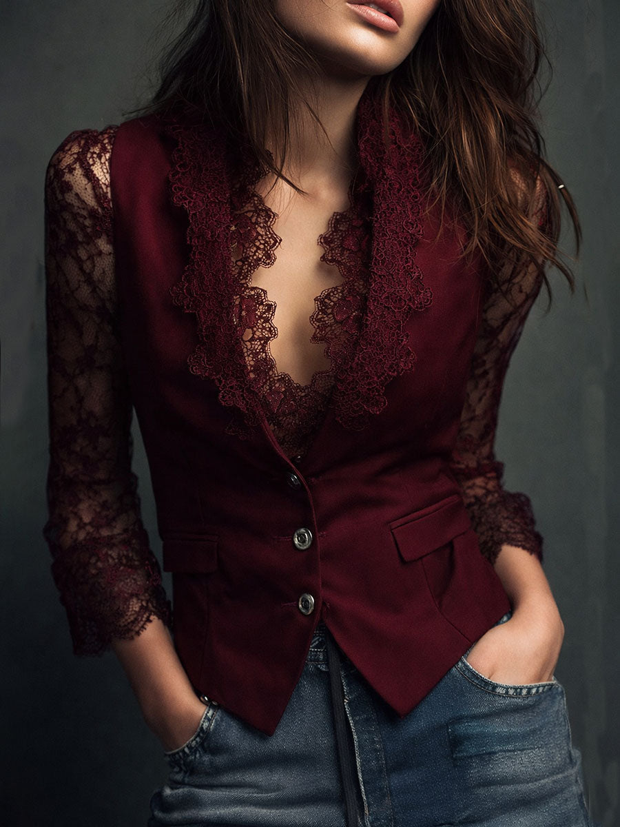 Blazer top nero con maniche in pizzo – dettaglio 5