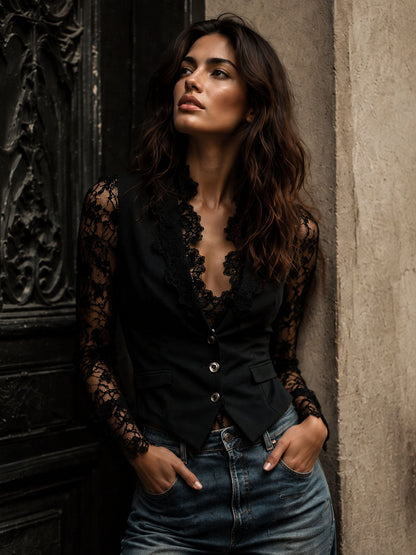 Blazer top nero con maniche in pizzo – dettaglio 6