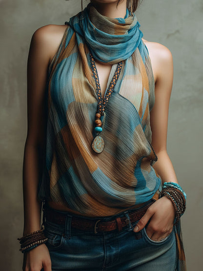 Blusa all’americana in chiffon blu e ambra – dettaglio 8