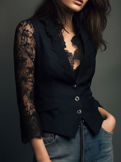Blazer top nero con maniche in pizzo – dettaglio 9
