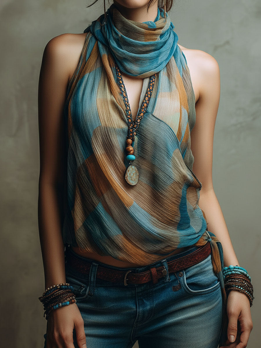 Blusa all’americana in chiffon blu e ambra – dettaglio 4