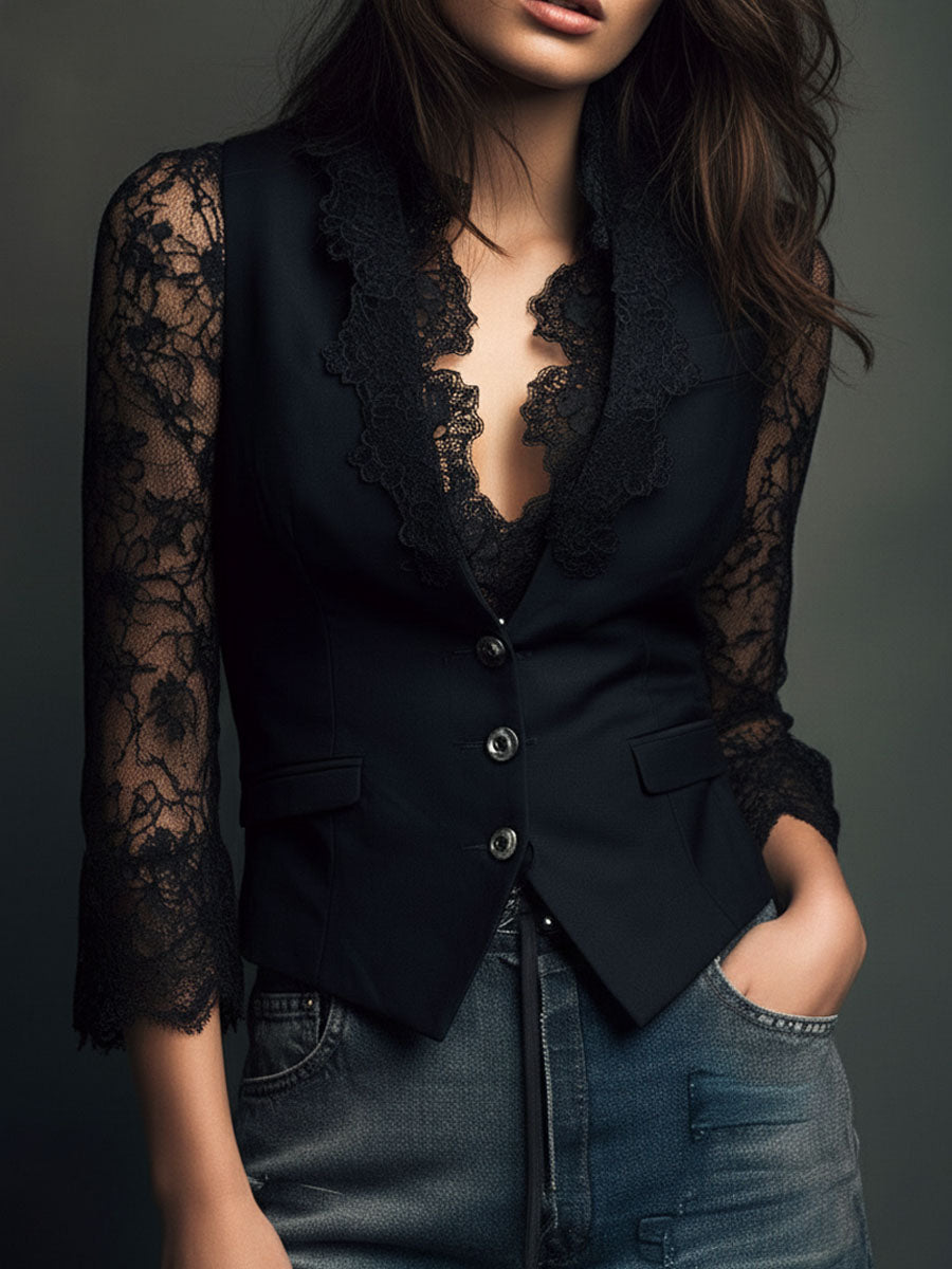 Blazer top nero con maniche in pizzo – dettaglio 8