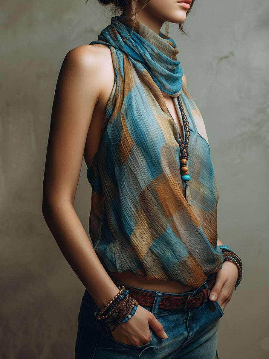 Blusa all’americana in chiffon blu e ambra – dettaglio 6