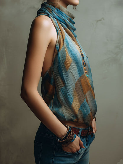 Blusa all’americana in chiffon blu e ambra – dettaglio 3