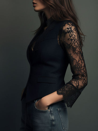 Blazer top nero con maniche in pizzo – dettaglio 11
