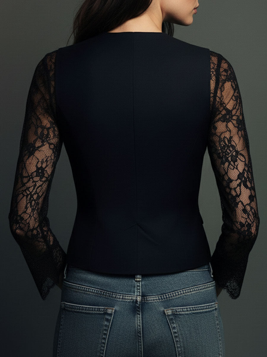Blazer top nero con maniche in pizzo – dettaglio 12