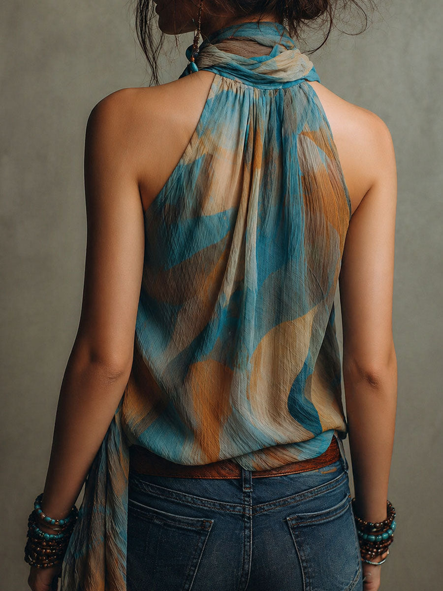 Blusa all’americana in chiffon blu e ambra – dettaglio 2