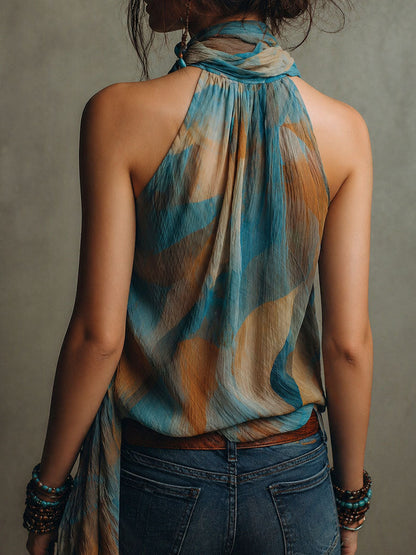 Blusa all’americana in chiffon blu e ambra – dettaglio 2