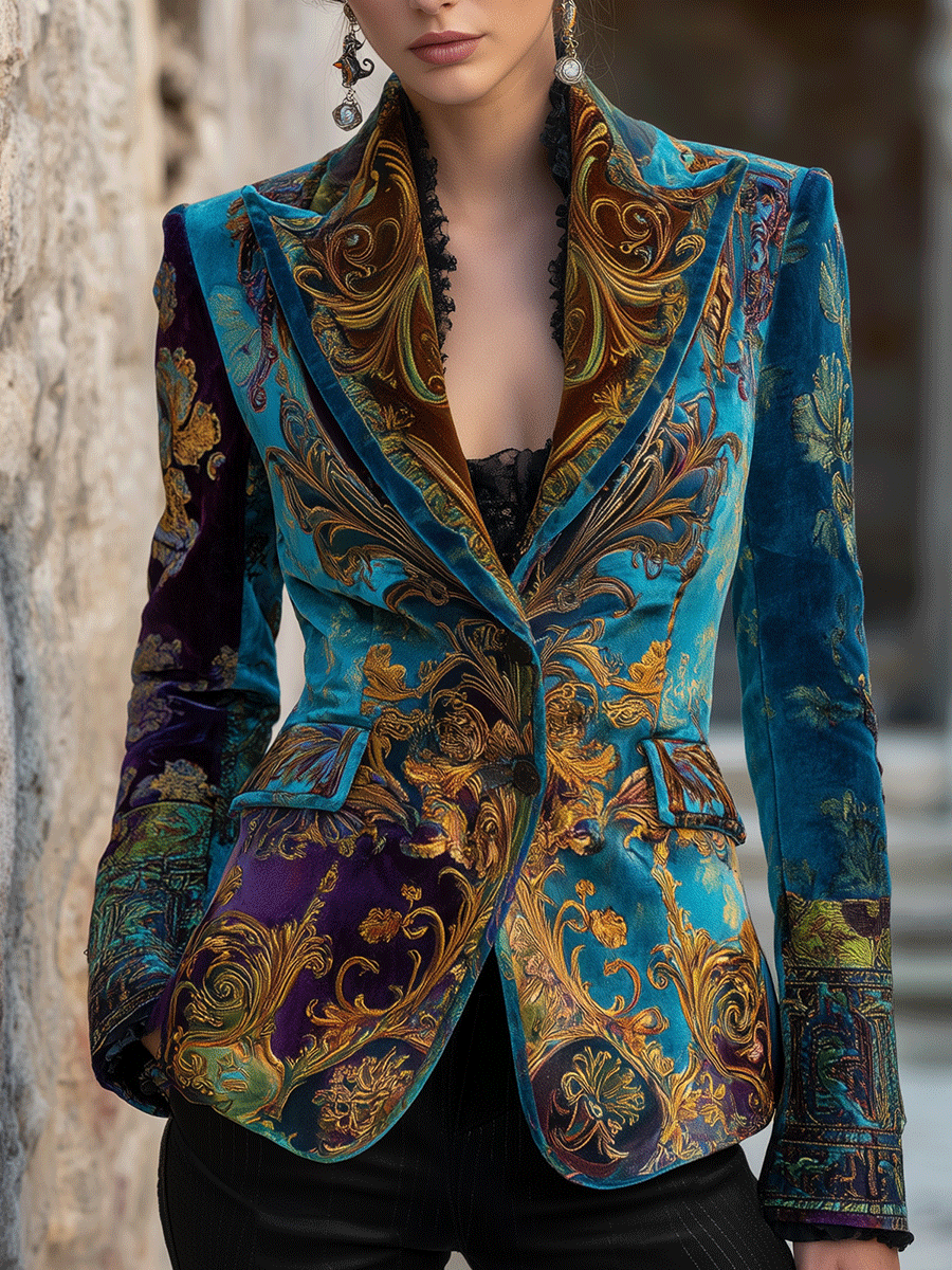 Blazer in velluto blu barocco – vista frontale