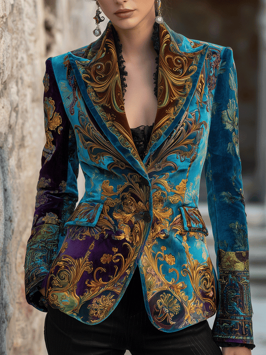 Blazer in velluto blu barocco – vista frontale