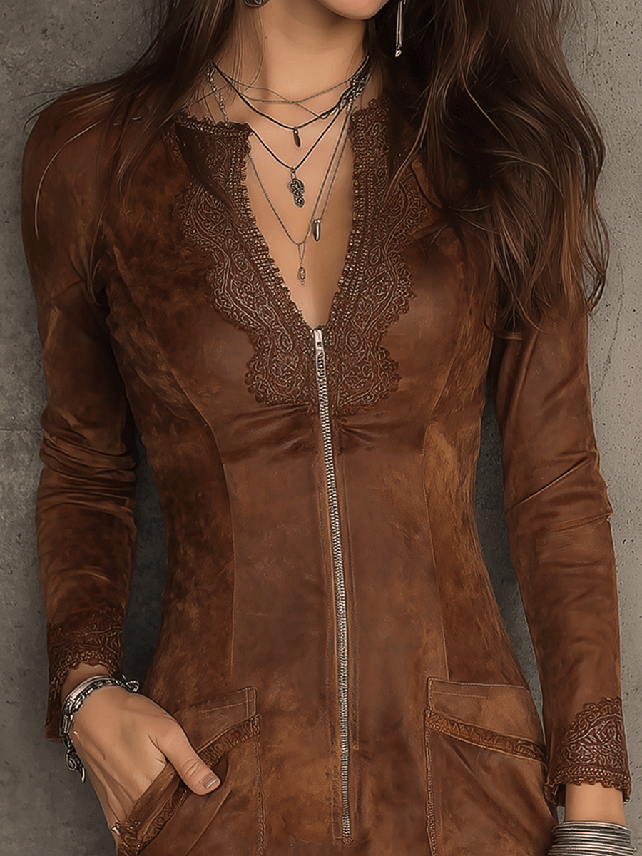 Vestito mini in camoscio caramello – dettaglio 3
