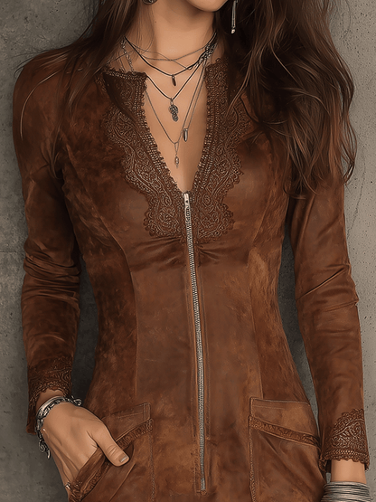 Vestito mini in camoscio caramello – dettaglio 3