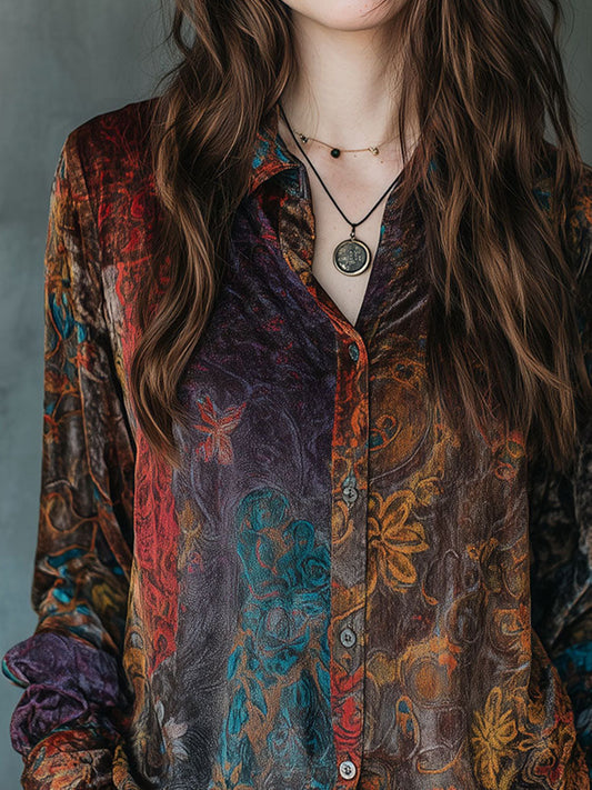 Camicia in velluto floreale marrone – dettaglio